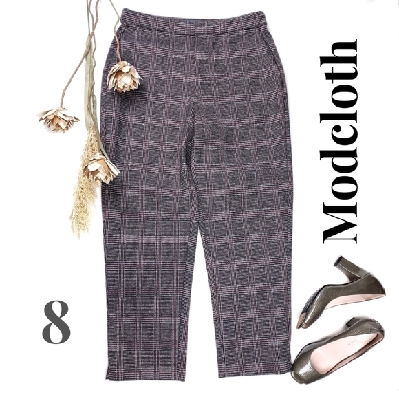 New Modcloth Gray Red Plaid Pants Sz 8 - Picture 1 of 12